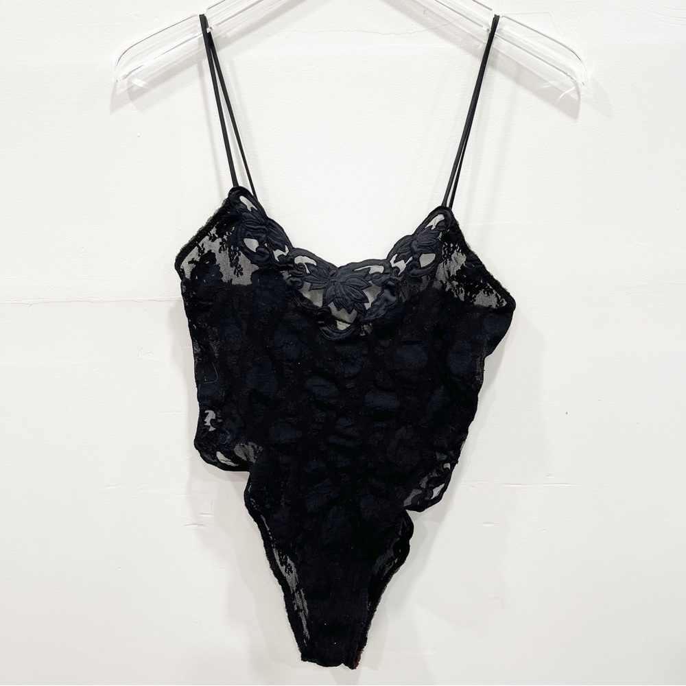 Vintage Natori Black Lace Spaghetti Bodysuit Lingerie